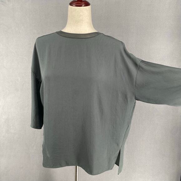 Vince Rib Trim Woven Top Womens S Oversized Boxy Lagenlook Chic Minimalist Grey - Picture 9 of 16